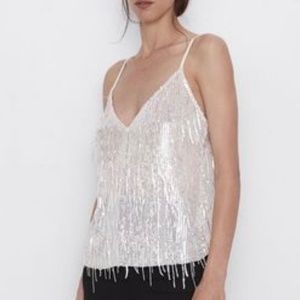 Zara top fringe sequin white tank top medium